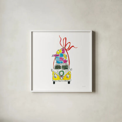 Holiday Camper Van by Mercedes Lopez Charro. Shown in a crisp white glass frame for a clean and minimalist style. Available as an archival giclee rolled canvas, fine art paper, or poster print. SKU 67977a.
