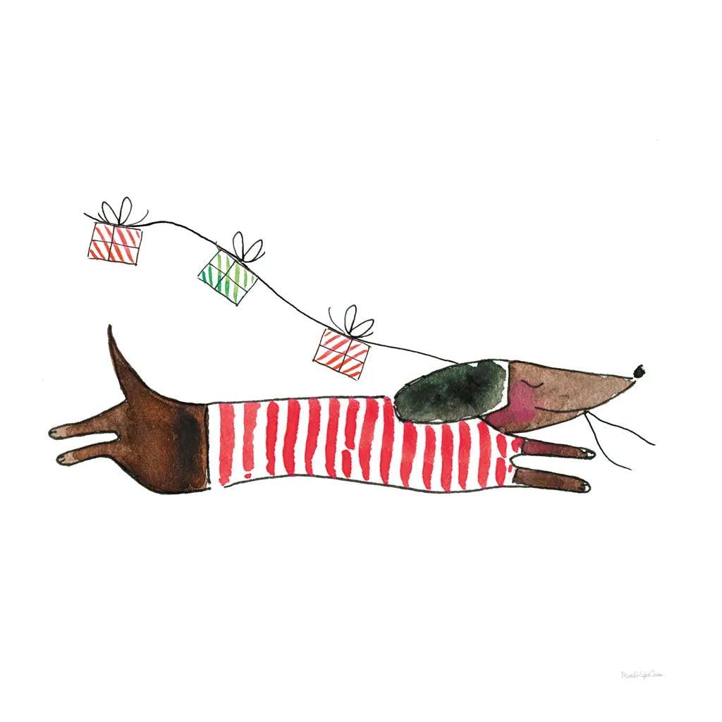 Holiday Dachshund by Mercedes Lopez Charro. SKU 67980a. Archival Giclee Fine art print for wall decor.