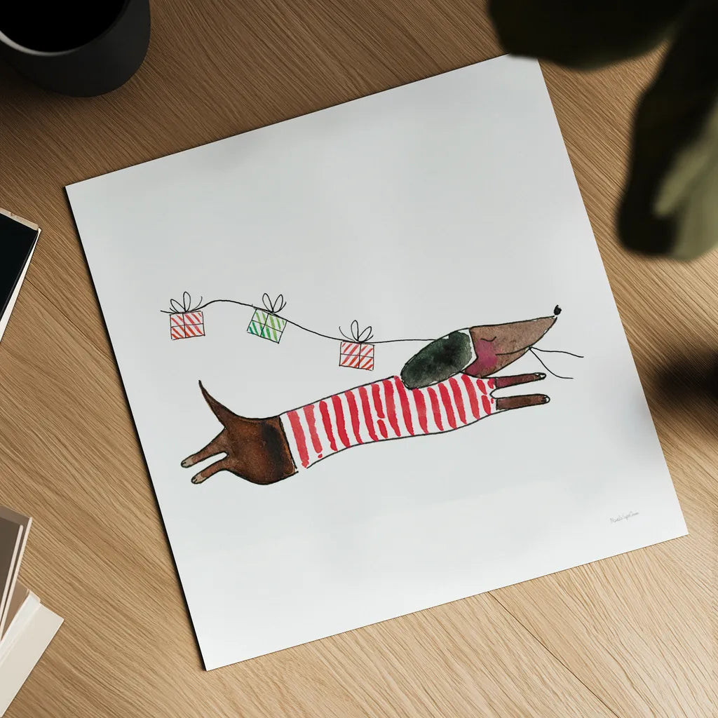 Holiday Dachshund by Mercedes Lopez Charro. Shown as a detailed flat fine art print, highlighting archival giclee quality. Available as an archival giclee rolled canvas, fine art paper, or poster print. SKU 67980a.