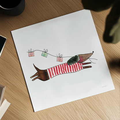 Holiday Dachshund by Mercedes Lopez Charro. Shown as a detailed flat fine art print, highlighting archival giclee quality. Available as an archival giclee rolled canvas, fine art paper, or poster print. SKU 67980a.