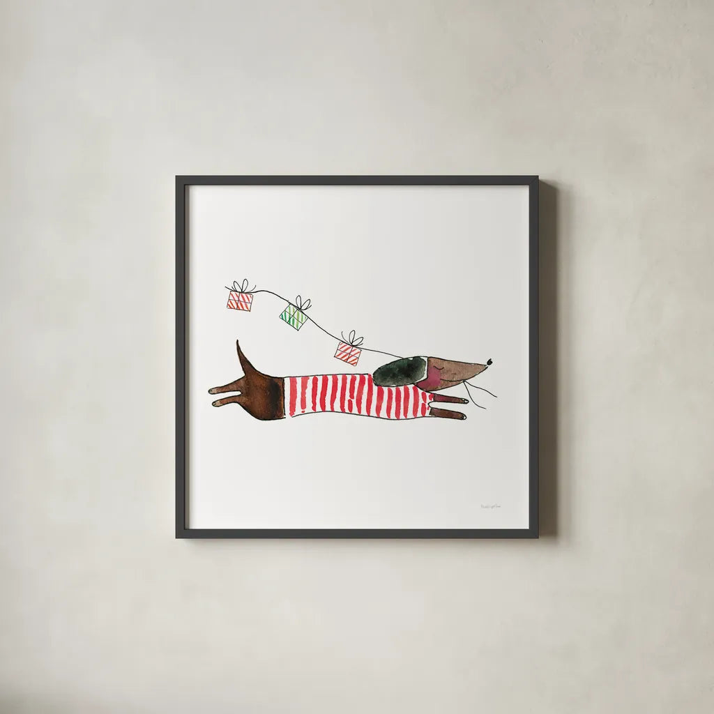 Holiday Dachshund by Mercedes Lopez Charro. Shown in a sleek black glass frame for a contemporary gallery look. Available as an archival giclee rolled canvas, fine art paper, or poster print. SKU 67980a.