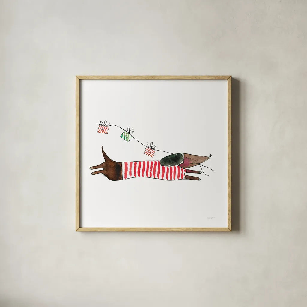 Holiday Dachshund by Mercedes Lopez Charro. Shown in a natural wood glass frame for a timeless modern aesthetic. Available as an archival giclee rolled canvas, fine art paper, or poster print. SKU 67980a.