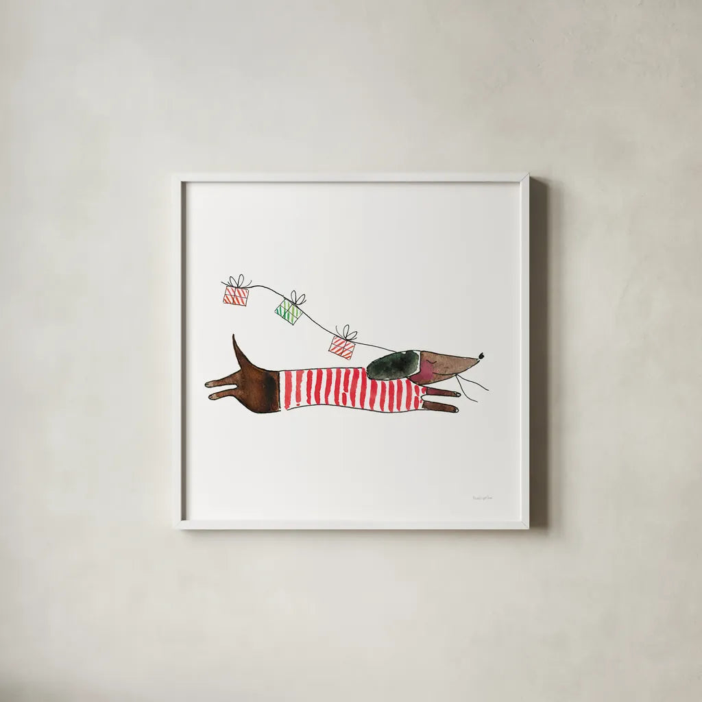 Holiday Dachshund by Mercedes Lopez Charro. Shown in a crisp white glass frame for a clean and minimalist style. Available as an archival giclee rolled canvas, fine art paper, or poster print. SKU 67980a.