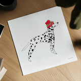 Holiday Dalmatian by Mercedes Lopez Charro. Shown as a detailed flat fine art print, highlighting archival giclee quality. Available as an archival giclee rolled canvas, fine art paper, or poster print. SKU 67981a.