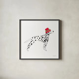Holiday Dalmatian by Mercedes Lopez Charro. Shown in a sleek black glass frame for a contemporary gallery look. Available as an archival giclee rolled canvas, fine art paper, or poster print. SKU 67981a.