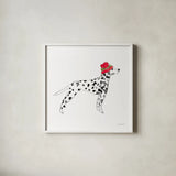 Holiday Dalmatian by Mercedes Lopez Charro. Shown in a crisp white glass frame for a clean and minimalist style. Available as an archival giclee rolled canvas, fine art paper, or poster print. SKU 67981a.