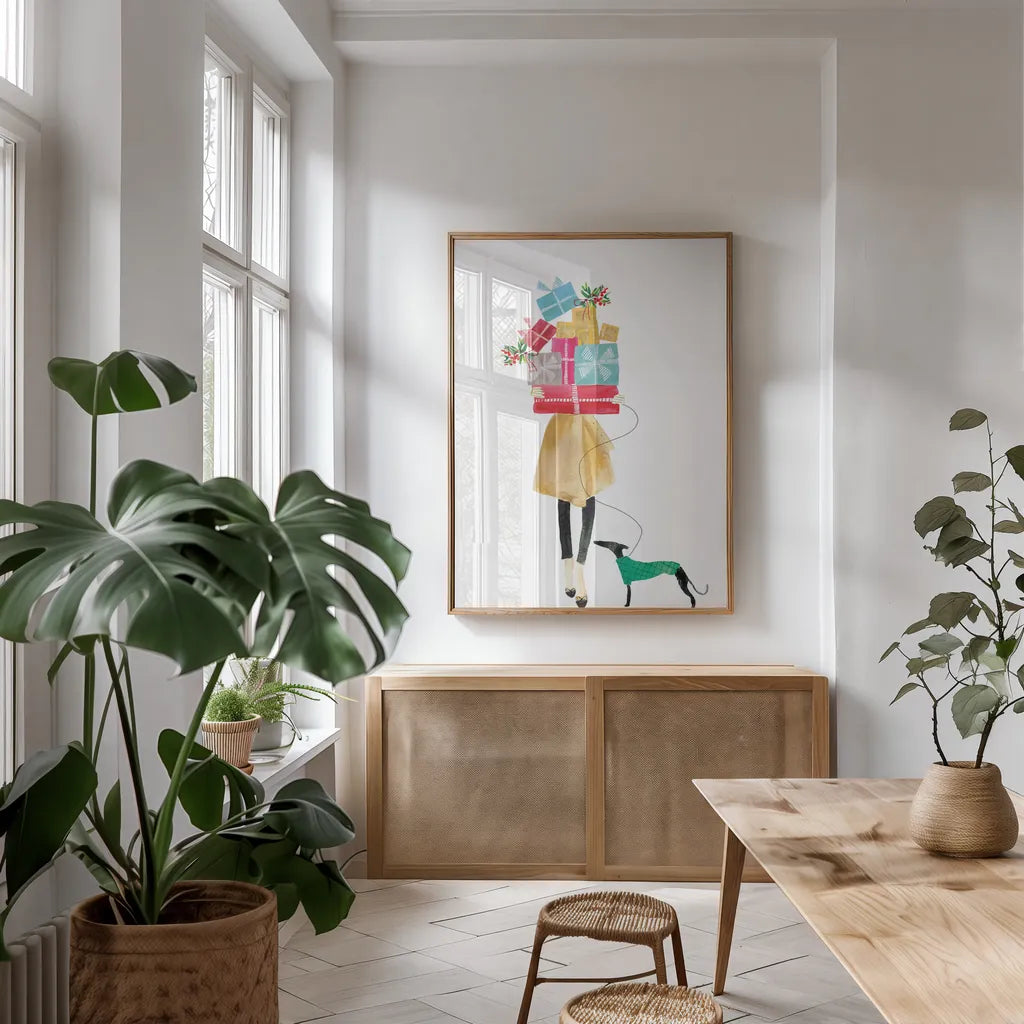 Holiday Mood II by Mercedes Lopez Charro. shown as a print in a natural wood frame in a dining room. Available as a archival giclee rolled canvas, fine art paper, or poster print. SKU 71534h.