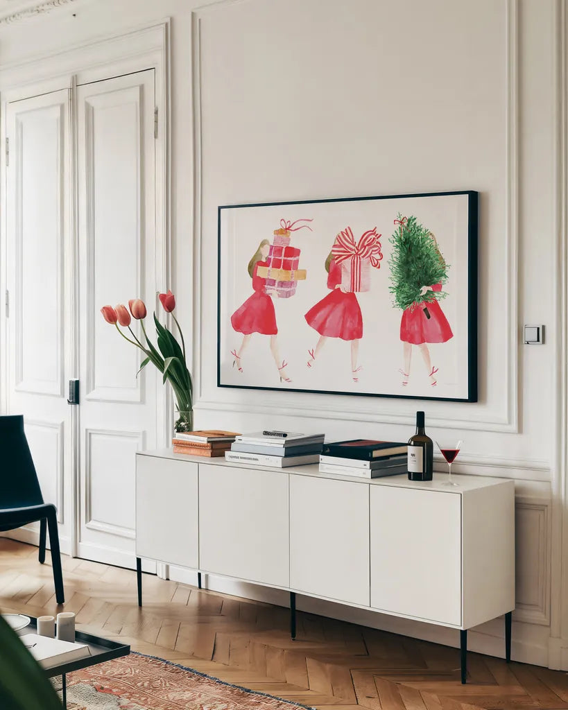 Holiday Prepping I by Mercedes Lopez Charro. shown as a framed stretched canvas in a living room above a console. Available as a archival giclee rolled canvas, fine art paper, or poster print. SKU 94619i.
