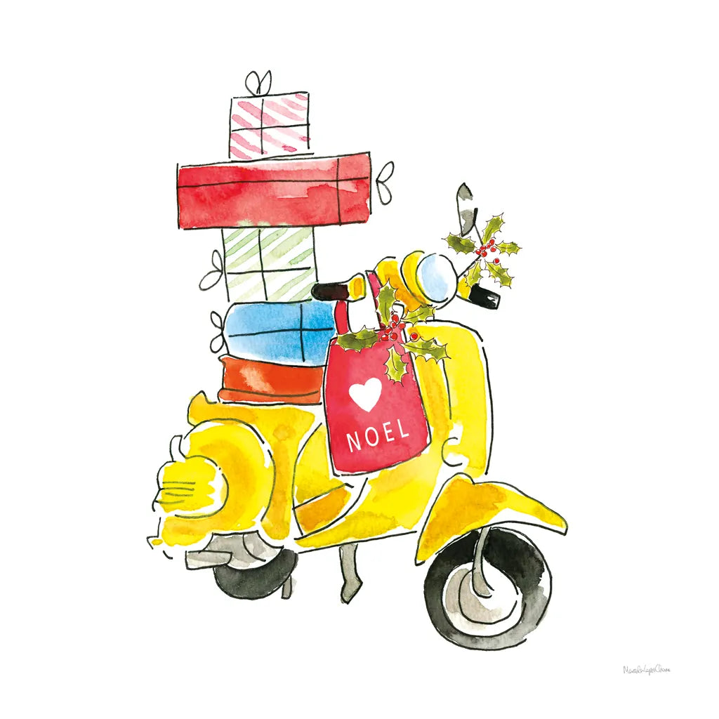 Holiday Scooter by Mercedes Lopez Charro. SKU 67978a. Archival Giclee Fine art print for wall decor.