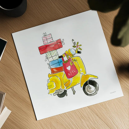 Holiday Scooter by Mercedes Lopez Charro. Shown as a detailed flat fine art print, highlighting archival giclee quality. Available as an archival giclee rolled canvas, fine art paper, or poster print. SKU 67978a.