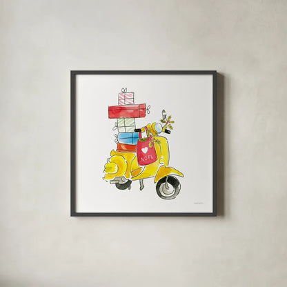 Holiday Scooter by Mercedes Lopez Charro. Shown in a sleek black glass frame for a contemporary gallery look. Available as an archival giclee rolled canvas, fine art paper, or poster print. SKU 67978a.