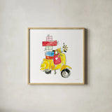 Holiday Scooter by Mercedes Lopez Charro. Shown in a natural wood glass frame for a timeless modern aesthetic. Available as an archival giclee rolled canvas, fine art paper, or poster print. SKU 67978a.