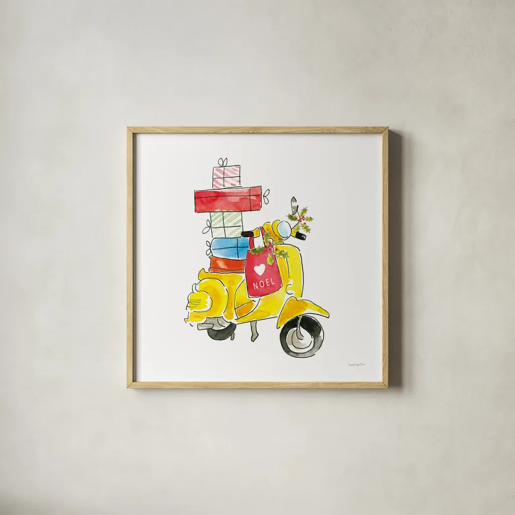 Holiday Scooter by Mercedes Lopez Charro. Shown in a natural wood glass frame for a timeless modern aesthetic. Available as an archival giclee rolled canvas, fine art paper, or poster print. SKU 67978a.
