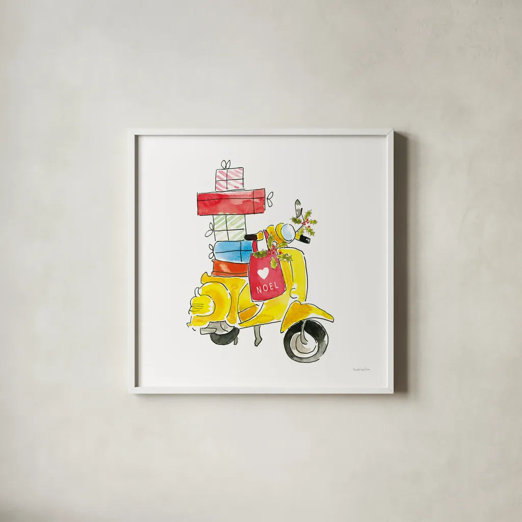 Holiday Scooter by Mercedes Lopez Charro. Shown in a crisp white glass frame for a clean and minimalist style. Available as an archival giclee rolled canvas, fine art paper, or poster print. SKU 67978a.