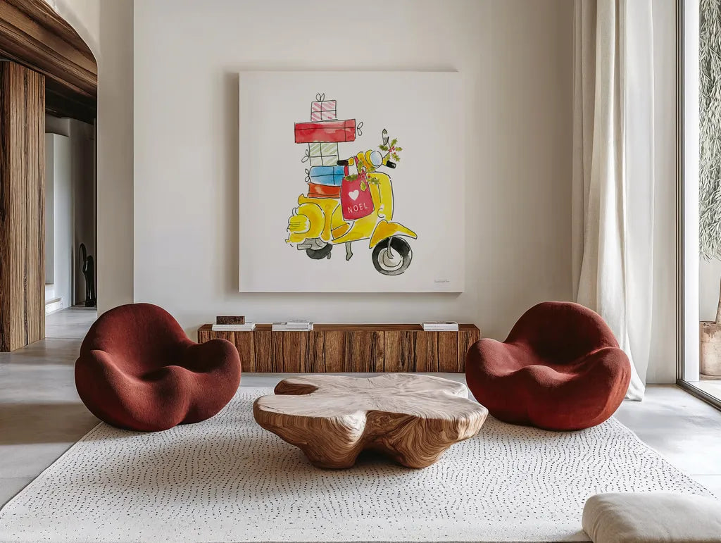 Holiday Scooter by Mercedes Lopez Charro. Shown as extra-large giant wall art in a modern living room. Available as an archival giclee rolled canvas, fine art paper, or poster print. SKU 67978a.