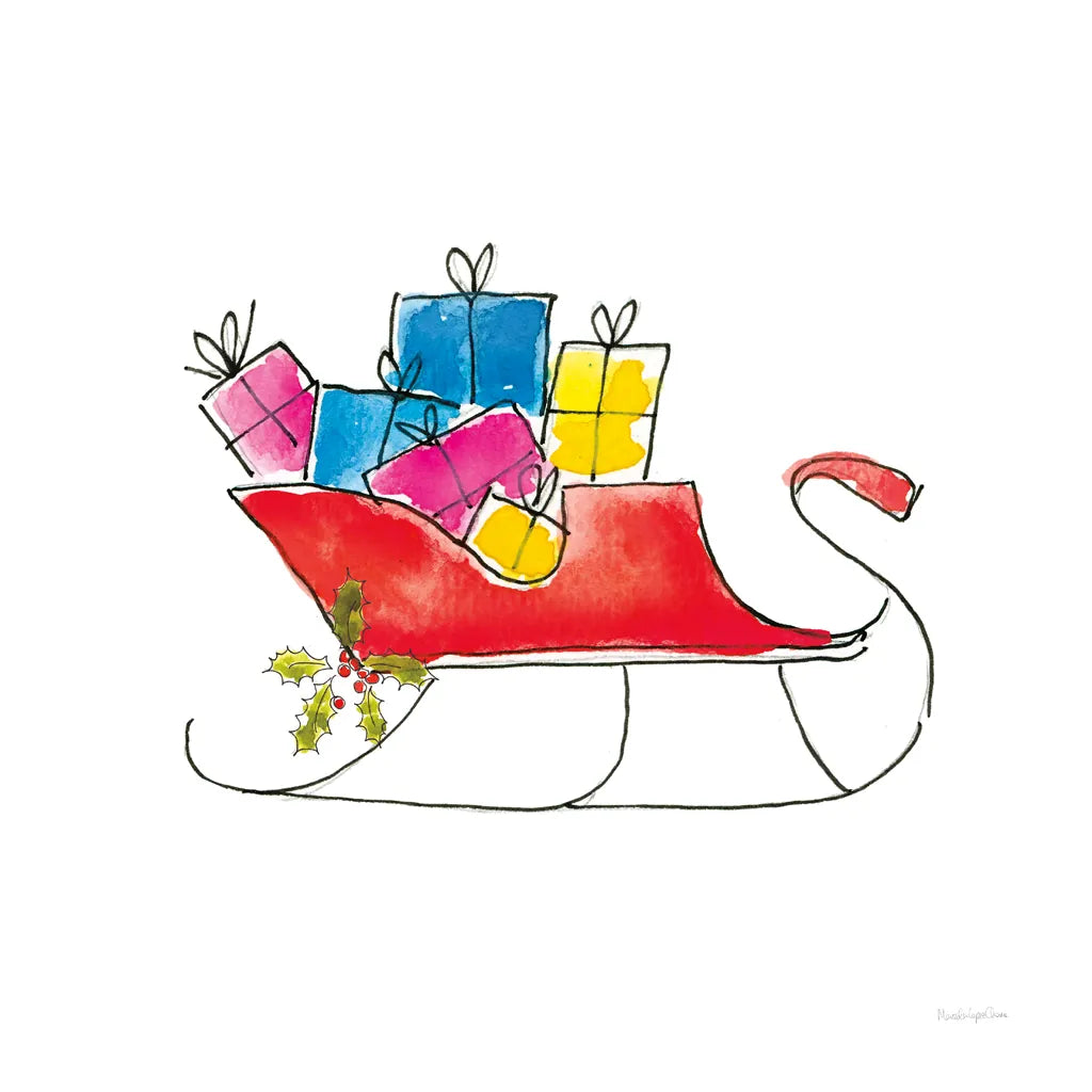 Holiday Sleigh by Mercedes Lopez Charro. SKU 67979a. Archival Giclee Fine art print for wall decor.