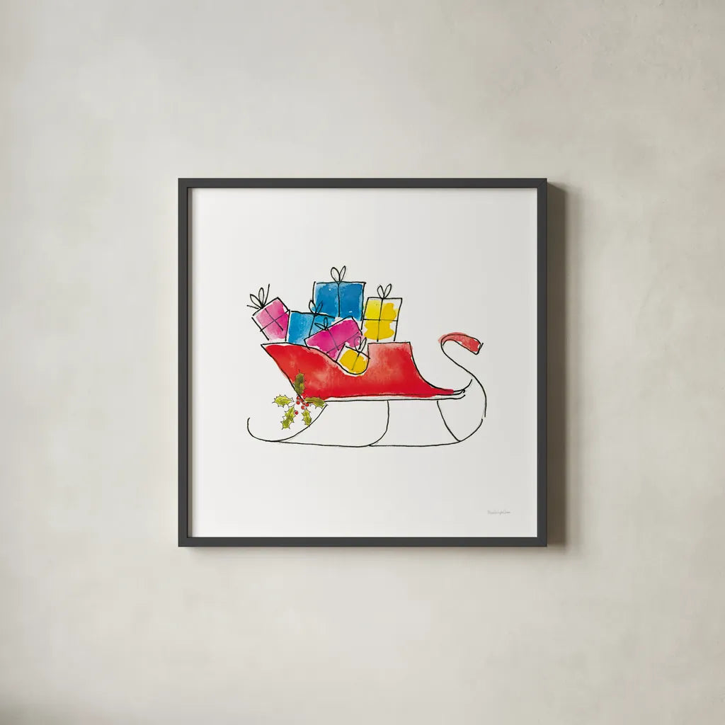 Holiday Sleigh by Mercedes Lopez Charro. Shown in a sleek black glass frame for a contemporary gallery look. Available as an archival giclee rolled canvas, fine art paper, or poster print. SKU 67979a.