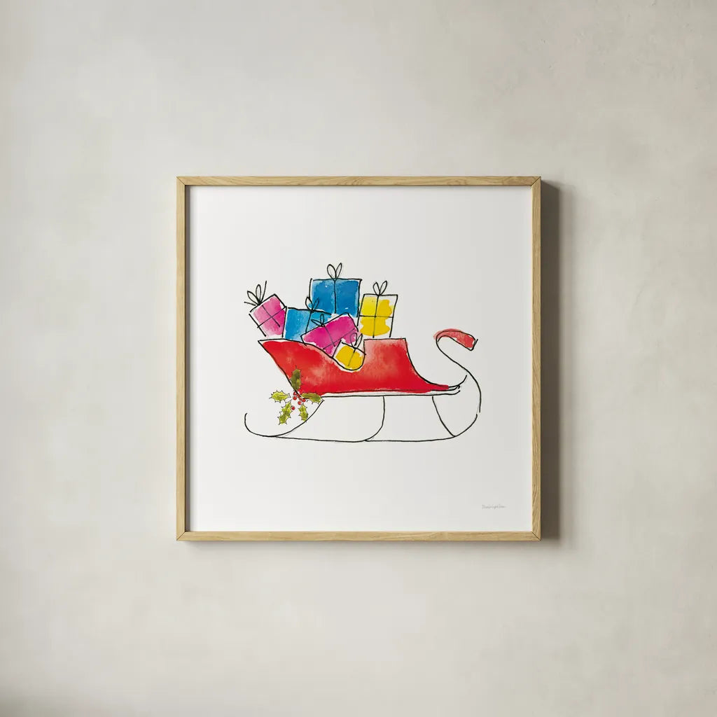 Holiday Sleigh by Mercedes Lopez Charro. Shown in a natural wood glass frame for a timeless modern aesthetic. Available as an archival giclee rolled canvas, fine art paper, or poster print. SKU 67979a.