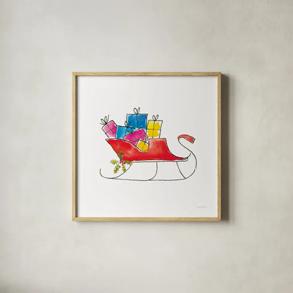 Holiday Sleigh by Mercedes Lopez Charro. Shown in a natural wood glass frame for a timeless modern aesthetic. Available as an archival giclee rolled canvas, fine art paper, or poster print. SKU 67979a.