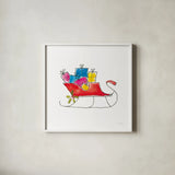 Holiday Sleigh by Mercedes Lopez Charro. Shown in a crisp white glass frame for a clean and minimalist style. Available as an archival giclee rolled canvas, fine art paper, or poster print. SKU 67979a.