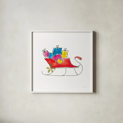 Holiday Sleigh by Mercedes Lopez Charro. Shown in a crisp white glass frame for a clean and minimalist style. Available as an archival giclee rolled canvas, fine art paper, or poster print. SKU 67979a.