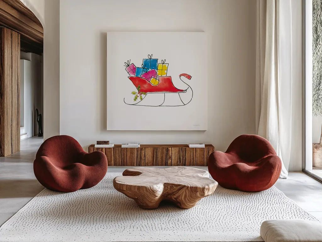 Holiday Sleigh by Mercedes Lopez Charro. Shown as extra-large giant wall art in a modern living room. Available as an archival giclee rolled canvas, fine art paper, or poster print. SKU 67979a.