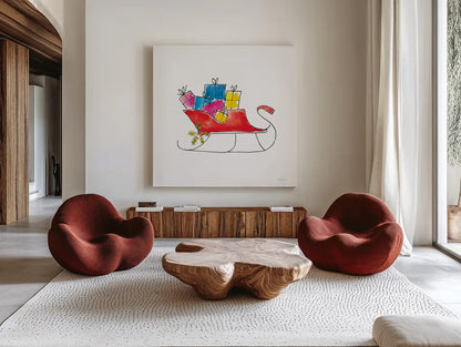 Holiday Sleigh by Mercedes Lopez Charro. Shown as extra-large giant wall art in a modern living room. Available as an archival giclee rolled canvas, fine art paper, or poster print. SKU 67979a.