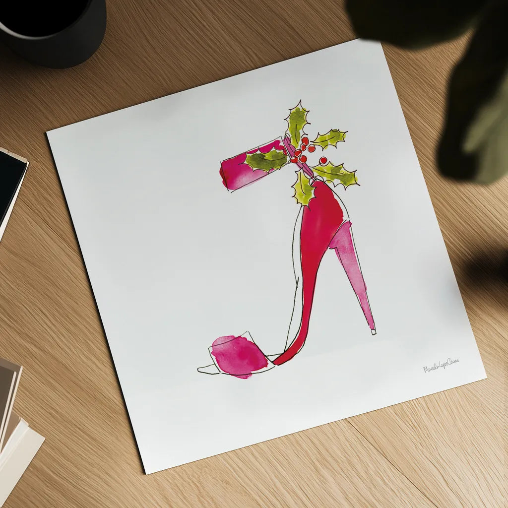 Holiday Stiletto by Mercedes Lopez Charro. Shown as a detailed flat fine art print, highlighting archival giclee quality. Available as an archival giclee rolled canvas, fine art paper, or poster print. SKU 67983a.