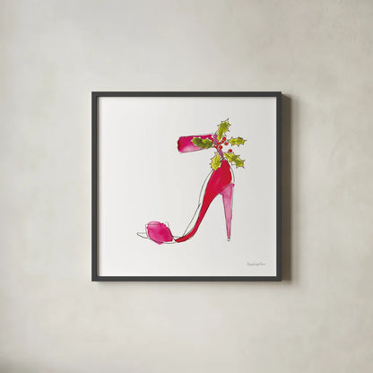 Holiday Stiletto by Mercedes Lopez Charro. Shown in a sleek black glass frame for a contemporary gallery look. Available as an archival giclee rolled canvas, fine art paper, or poster print. SKU 67983a.