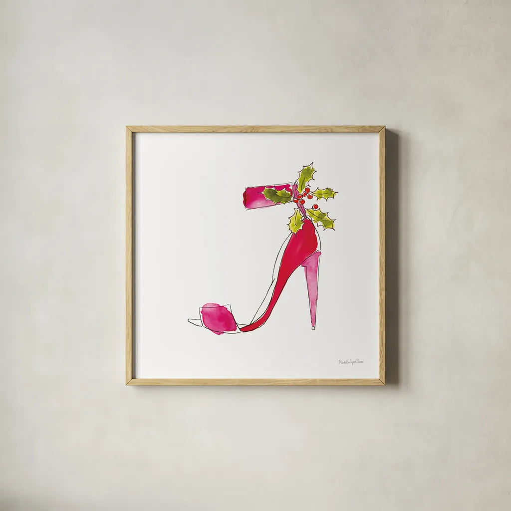 Holiday Stiletto by Mercedes Lopez Charro. Shown in a natural wood glass frame for a timeless modern aesthetic. Available as an archival giclee rolled canvas, fine art paper, or poster print. SKU 67983a.