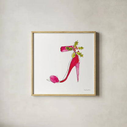 Holiday Stiletto by Mercedes Lopez Charro. Shown in a natural wood glass frame for a timeless modern aesthetic. Available as an archival giclee rolled canvas, fine art paper, or poster print. SKU 67983a.