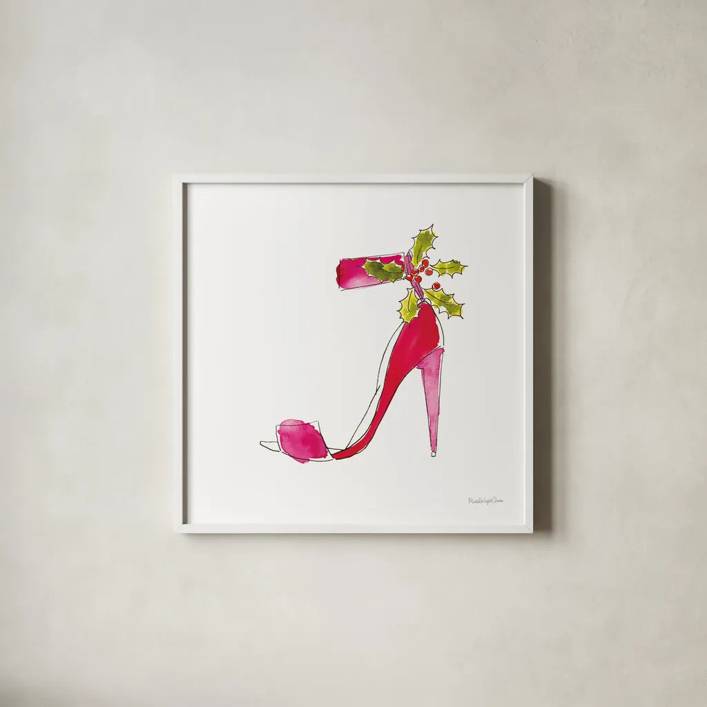 Holiday Stiletto by Mercedes Lopez Charro. Shown in a crisp white glass frame for a clean and minimalist style. Available as an archival giclee rolled canvas, fine art paper, or poster print. SKU 67983a.