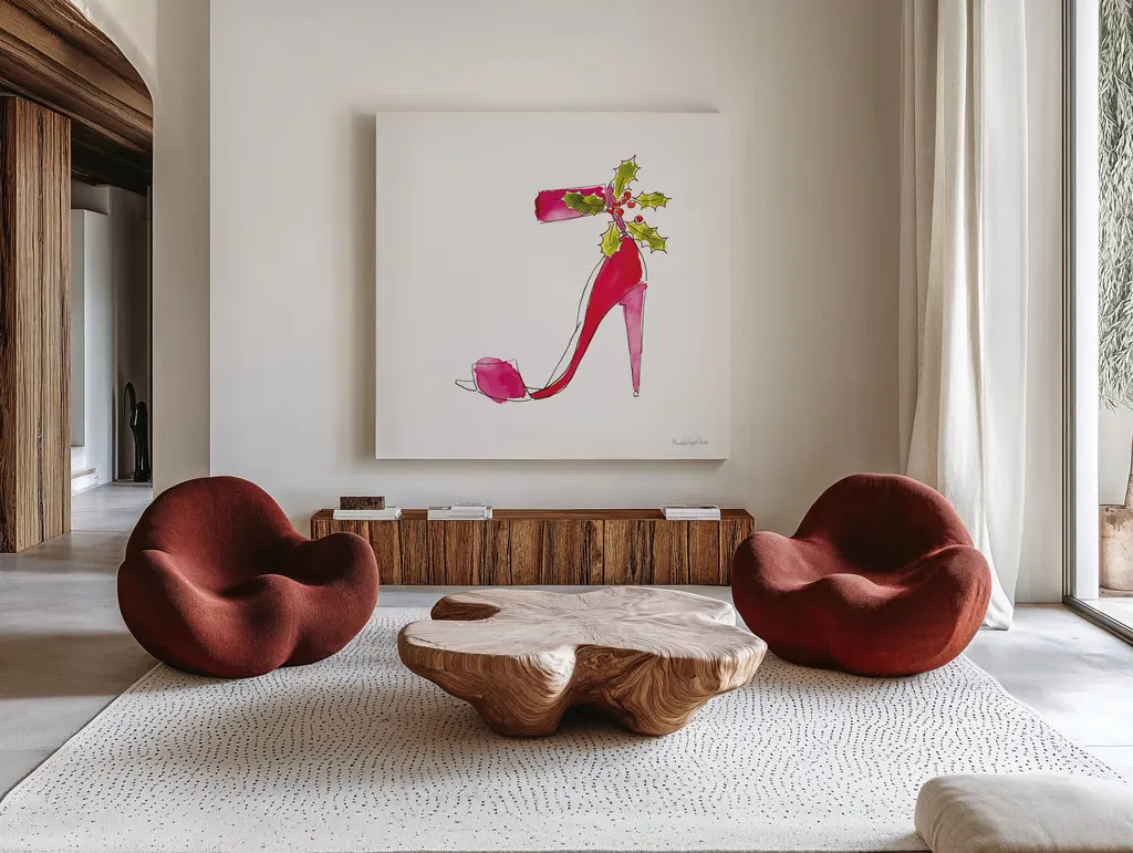 Holiday Stiletto by Mercedes Lopez Charro. Shown as extra-large giant wall art in a modern living room. Available as an archival giclee rolled canvas, fine art paper, or poster print. SKU 67983a.