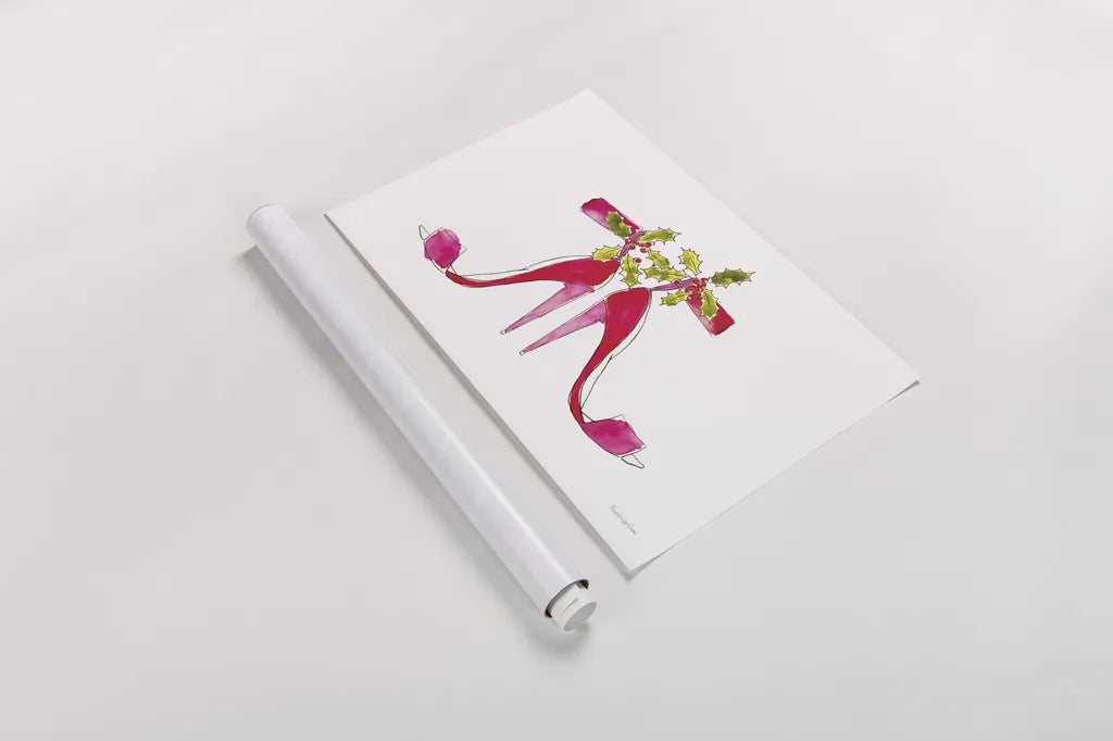 Holiday Stiletto Pair by Mercedes Lopez Charro. shown as a rolled paper print. Available as archival giclee rolled canvas, fine art paper, or poster print. SKU 67982i.