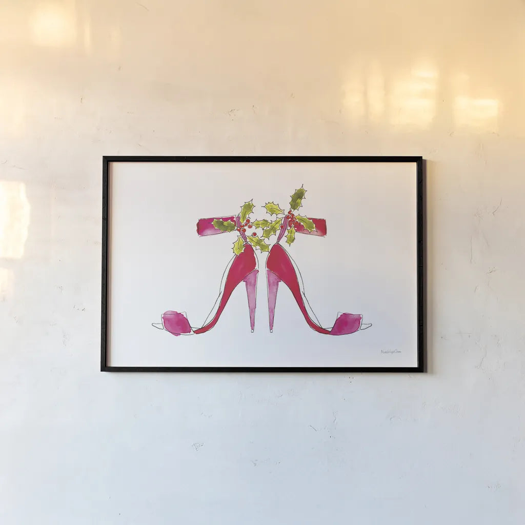 Holiday Stiletto Pair by Mercedes Lopez Charro. shown as a paper print in a black flame. Available as a archival giclee rolled canvas, fine art paper, or poster print. SKU 67982i.