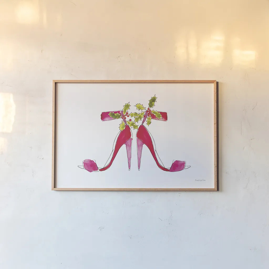 Holiday Stiletto Pair by Mercedes Lopez Charro. shown as a paper print in a natural frame. Available as a archival giclee rolled canvas, fine art paper, or poster print. SKU 67982i.