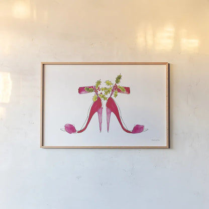 Holiday Stiletto Pair by Mercedes Lopez Charro. shown as a paper print in a natural frame. Available as a archival giclee rolled canvas, fine art paper, or poster print. SKU 67982i.