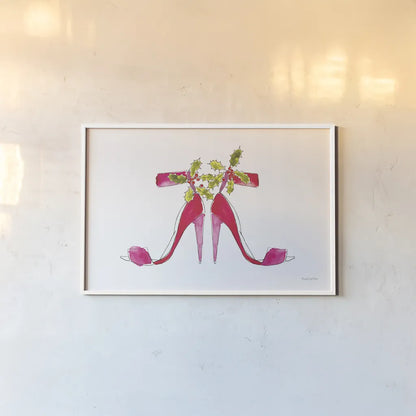 Holiday Stiletto Pair by Mercedes Lopez Charro. shown as a paper print in a white frame. Available as a archival giclee rolled canvas, fine art paper, or poster print. SKU 67982i.
