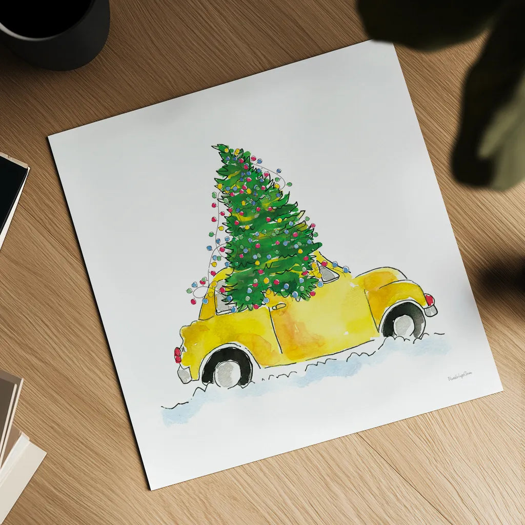 Holiday Taxi by Mercedes Lopez Charro. Shown as a detailed flat fine art print, highlighting archival giclee quality. Available as an archival giclee rolled canvas, fine art paper, or poster print. SKU 67976a.