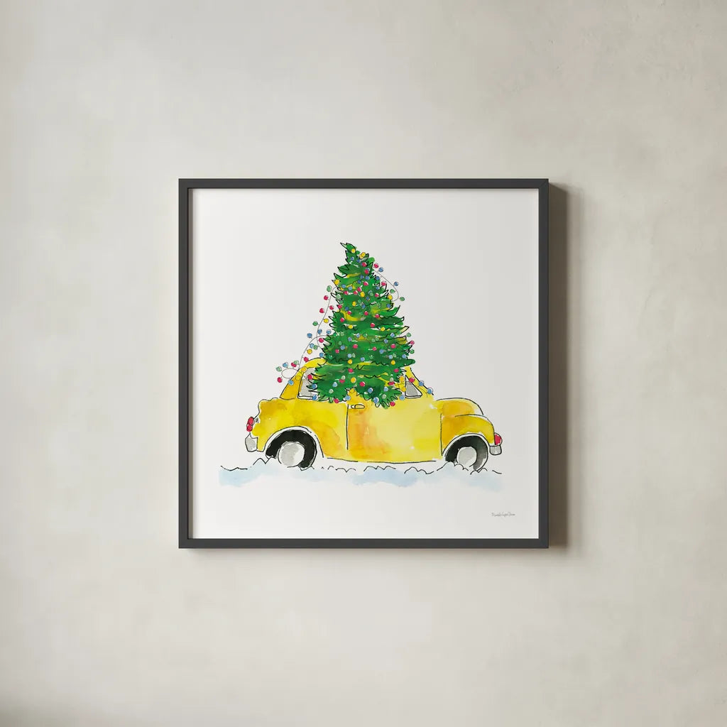 Holiday Taxi by Mercedes Lopez Charro. Shown in a sleek black glass frame for a contemporary gallery look. Available as an archival giclee rolled canvas, fine art paper, or poster print. SKU 67976a.