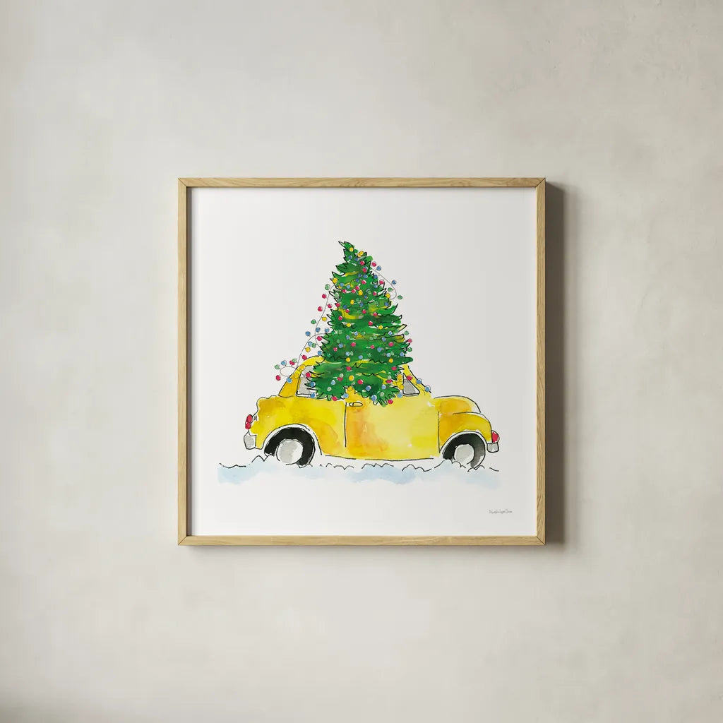 Holiday Taxi by Mercedes Lopez Charro. Shown in a natural wood glass frame for a timeless modern aesthetic. Available as an archival giclee rolled canvas, fine art paper, or poster print. SKU 67976a.