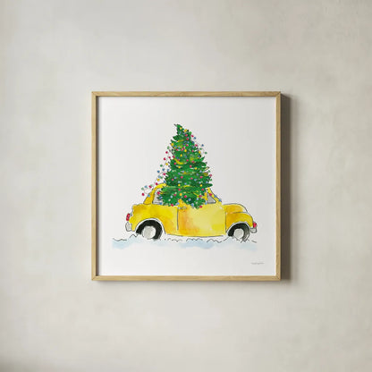 Holiday Taxi by Mercedes Lopez Charro. Shown in a natural wood glass frame for a timeless modern aesthetic. Available as an archival giclee rolled canvas, fine art paper, or poster print. SKU 67976a.