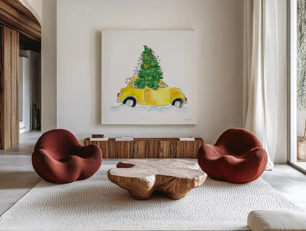 Holiday Taxi by Mercedes Lopez Charro. Shown as extra-large giant wall art in a modern living room. Available as an archival giclee rolled canvas, fine art paper, or poster print. SKU 67976a.