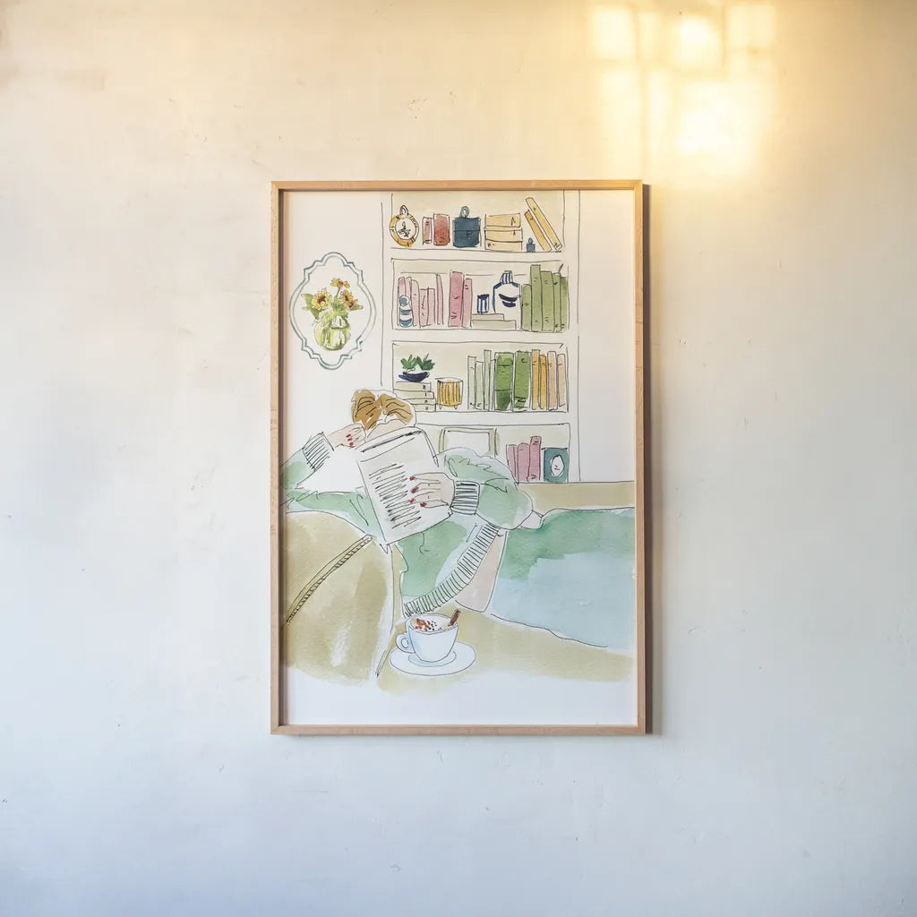 Home Library I by Mercedes Lopez Charro. shown as a paper print in a natural frame. Available as a archival giclee rolled canvas, fine art paper, or poster print. SKU 98646h.