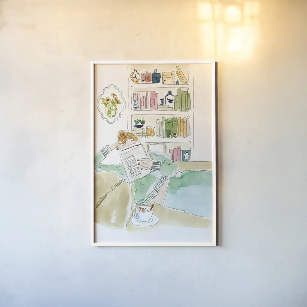 Home Library I by Mercedes Lopez Charro. shown as a paper print in a white frame. Available as a archival giclee rolled canvas, fine art paper, or poster print. SKU 98646h.