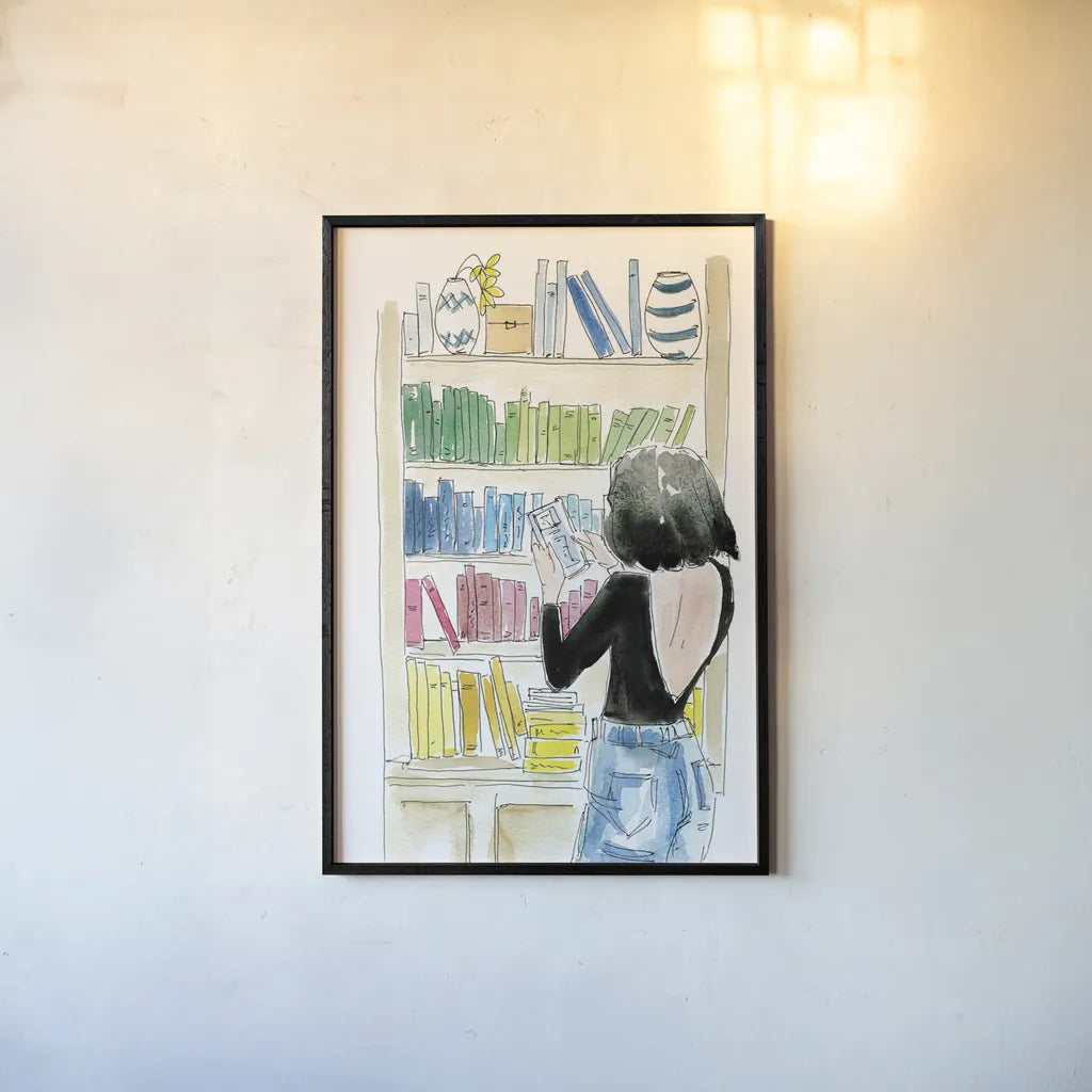 Home Library II by Mercedes Lopez Charro. shown as a paper print in a black flame. Available as a archival giclee rolled canvas, fine art paper, or poster print. SKU 98647h.
