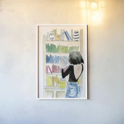 Home Library II by Mercedes Lopez Charro. shown as a paper print in a white frame. Available as a archival giclee rolled canvas, fine art paper, or poster print. SKU 98647h.