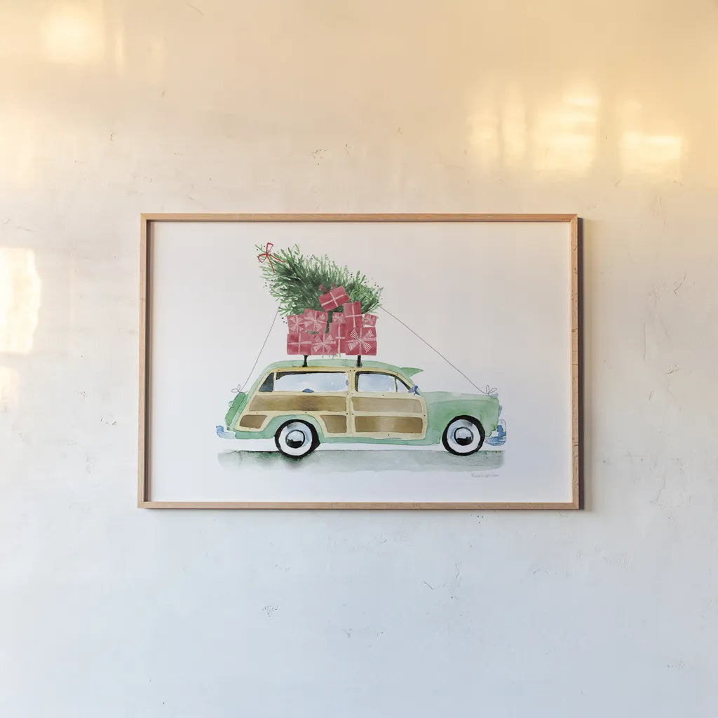 Home for Christmas by Mercedes Lopez Charro. shown as a paper print in a natural frame. Available as a archival giclee rolled canvas, fine art paper, or poster print. SKU 89233i.