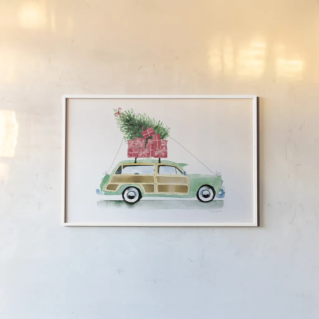 Home for Christmas by Mercedes Lopez Charro. shown as a paper print in a white frame. Available as a archival giclee rolled canvas, fine art paper, or poster print. SKU 89233i.