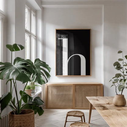 Hooray for H by Mercedes Lopez Charro. shown as a print in a natural wood frame in a dining room. Available as a archival giclee rolled canvas, fine art paper, or poster print. SKU 64142h.